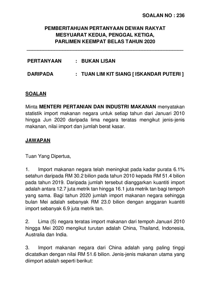 20200828 Par14s3m2 Soalan Bukanlisan 236 Pdf Parliamentary Documents