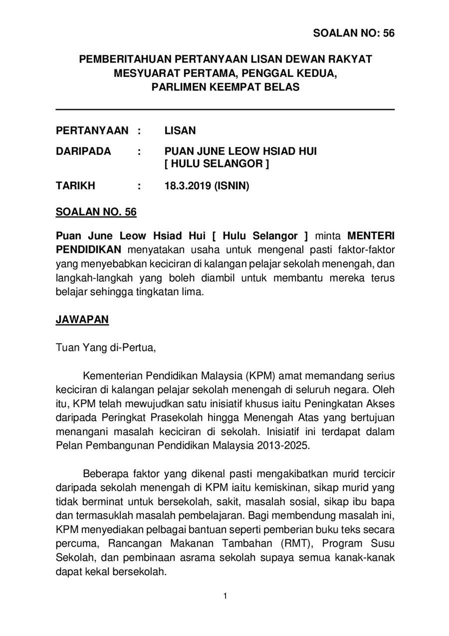 Par14p2m1 Soalan Lisan 56 Pdf Parliamentary Documents