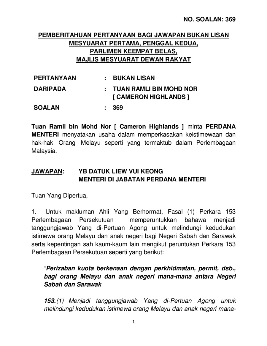 Hak Istimewa Orang Melayu Pdf Article 153 Of The Constitution Of