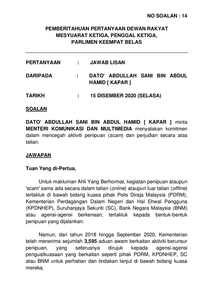 20201215 P14m3p2 Soalan Lisan 14 Pdf Parliamentary Documents