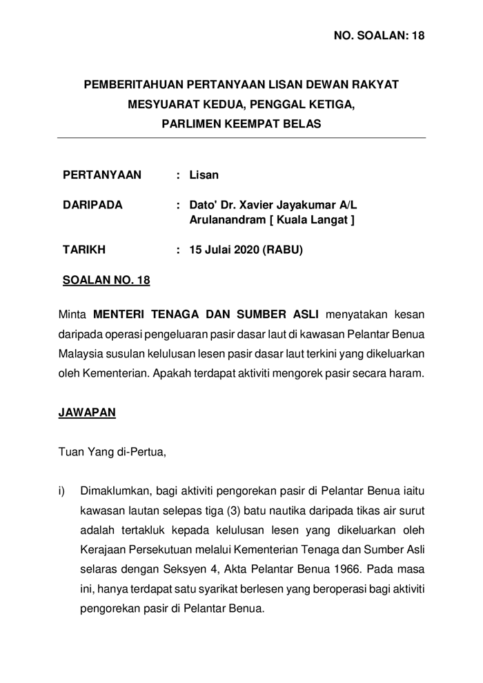 20200715 Par14s3m2 Soalan Lisan 18 Pdf Parliamentary Documents