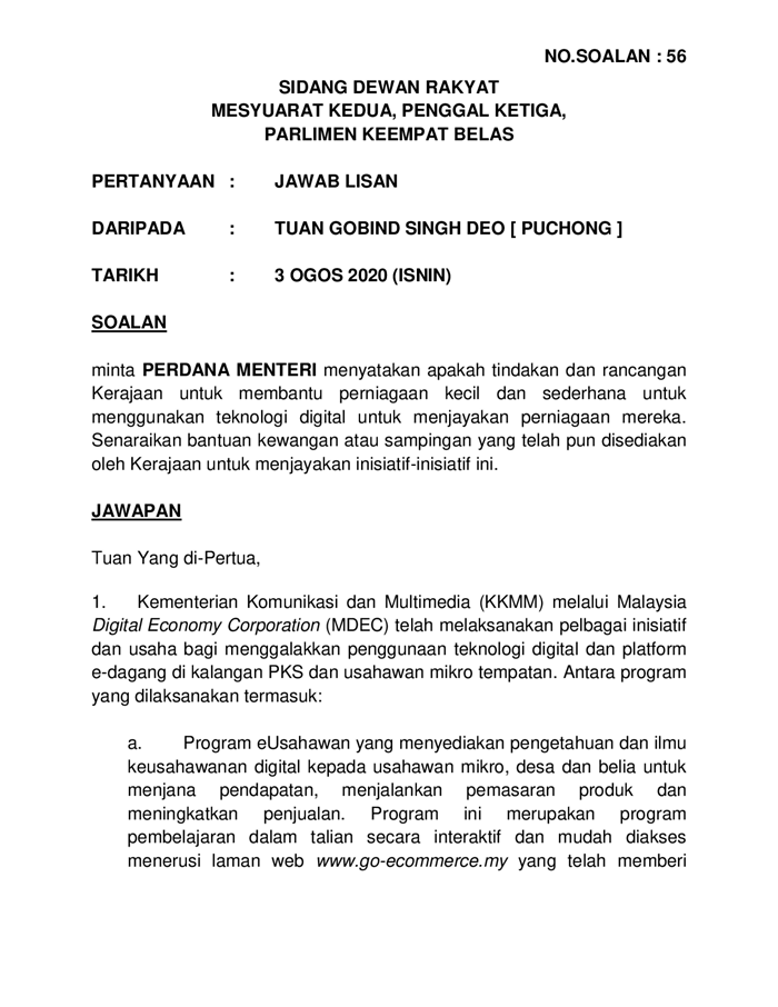 20200803 Par14s3m2 Soalan Lisan 56 Pdf Parliamentary Documents