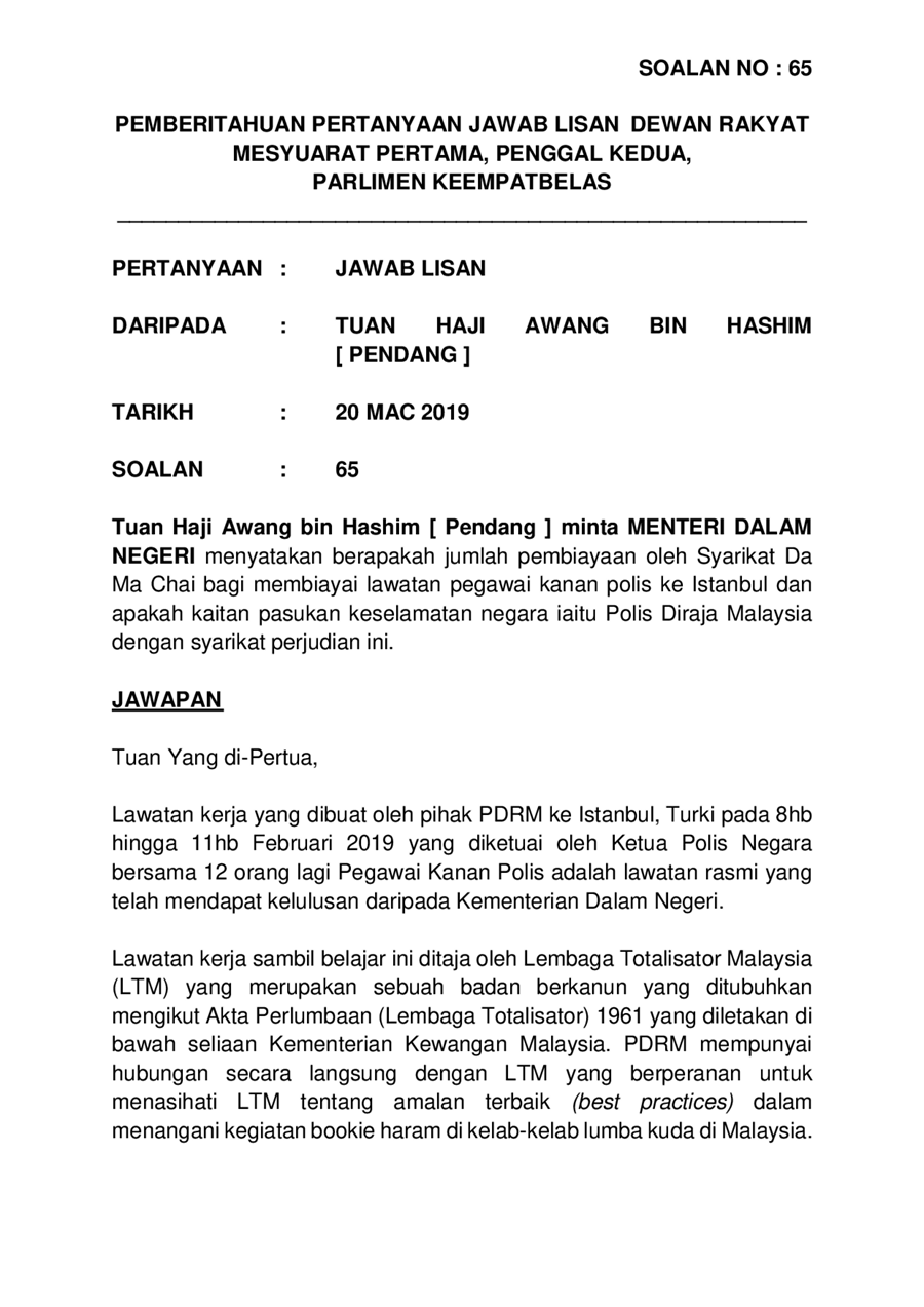 Par14p2m1 Soalan Lisan 65 Pdf Parliamentary Documents