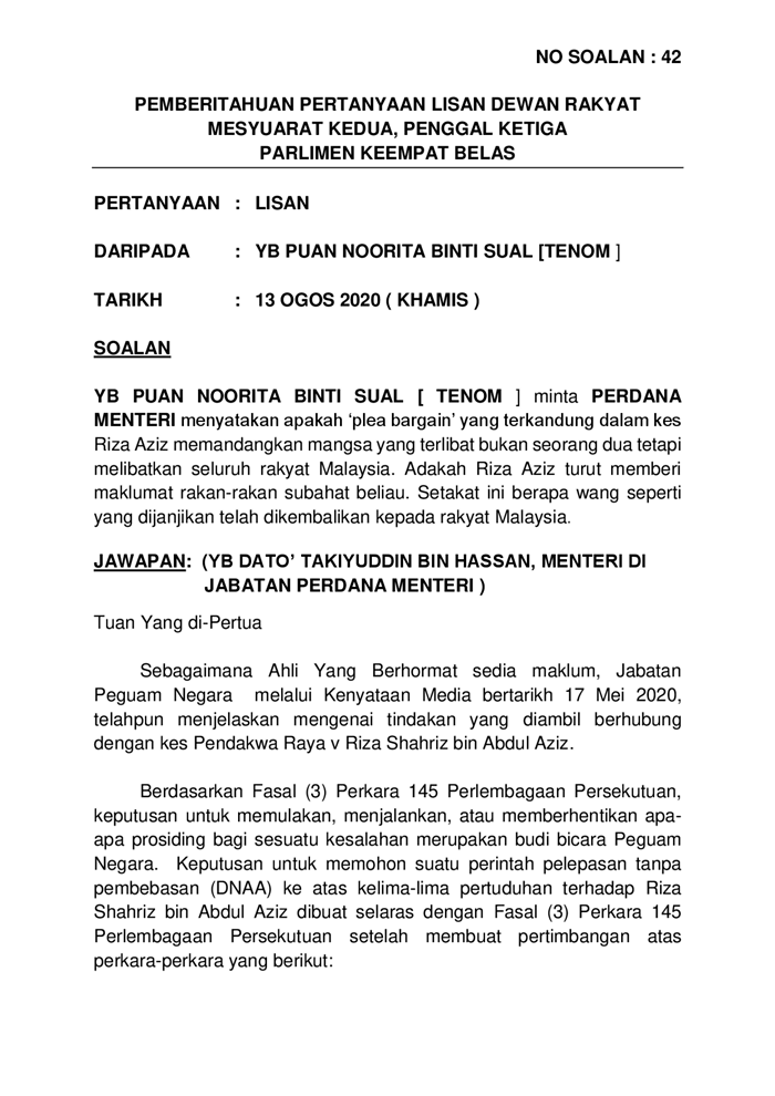 20200813 Par14s3m2 Soalan Lisan 42 Pdf Parliamentary Documents
