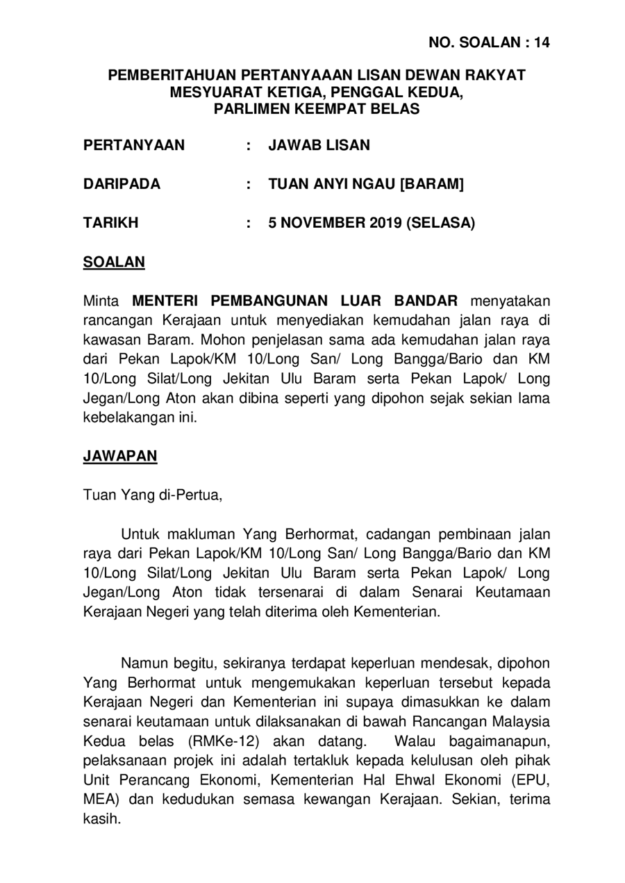Par14p2m3 Soalan Lisan 14 Pdf Parliamentary Documents